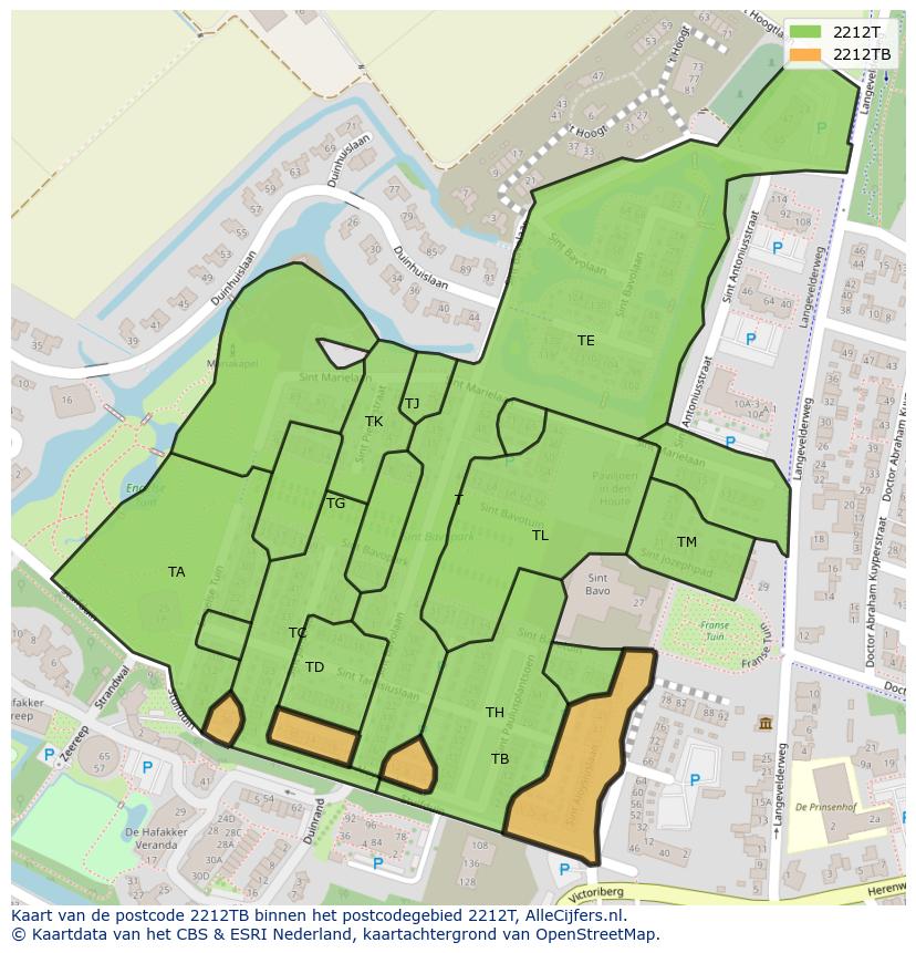 Afbeelding van het postcodegebied 2212 TB op de kaart.