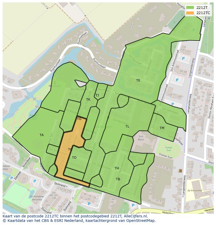 Afbeelding van het postcodegebied 2212 TC op de kaart.