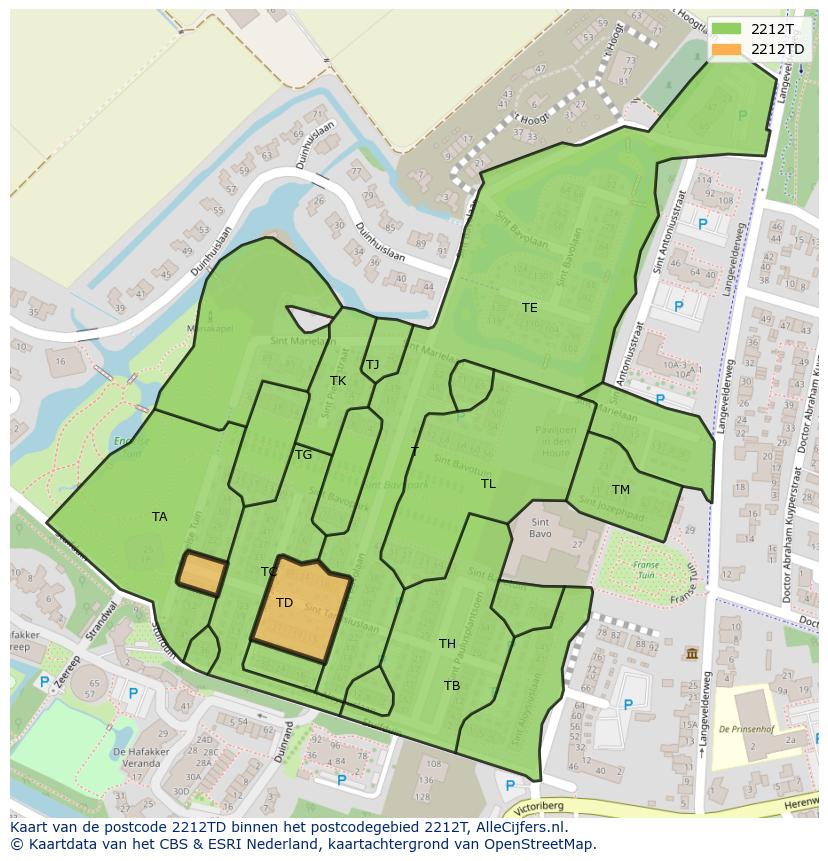 Afbeelding van het postcodegebied 2212 TD op de kaart.