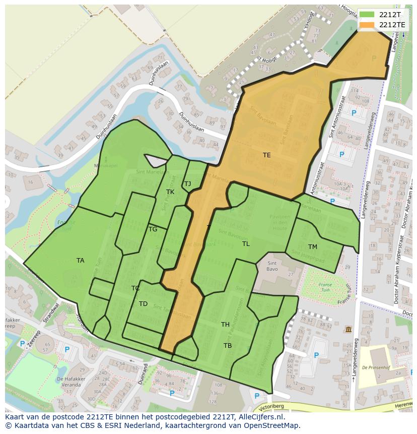 Afbeelding van het postcodegebied 2212 TE op de kaart.