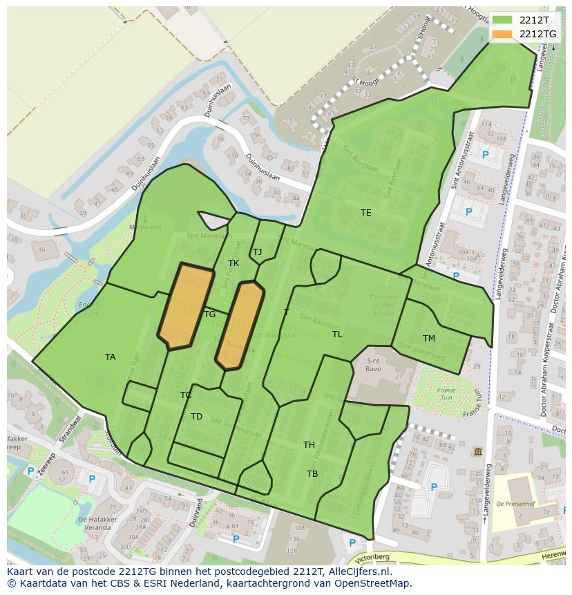 Afbeelding van het postcodegebied 2212 TG op de kaart.