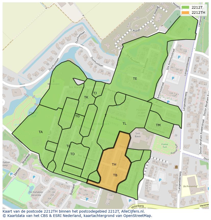 Afbeelding van het postcodegebied 2212 TH op de kaart.