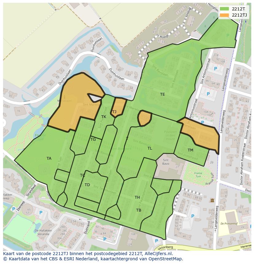 Afbeelding van het postcodegebied 2212 TJ op de kaart.
