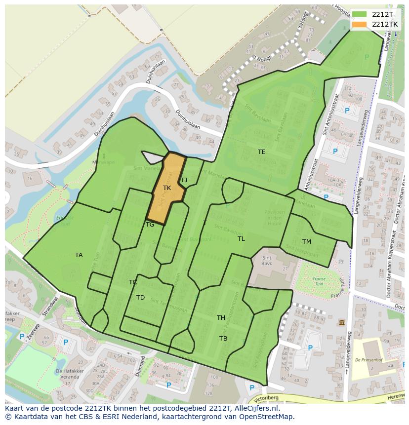 Afbeelding van het postcodegebied 2212 TK op de kaart.