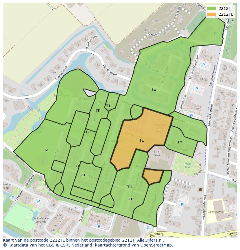 Afbeelding van het postcodegebied 2212 TL op de kaart.
