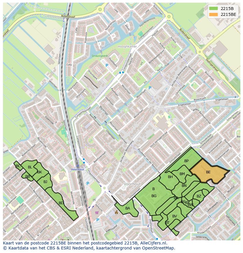 Afbeelding van het postcodegebied 2215 BE op de kaart.
