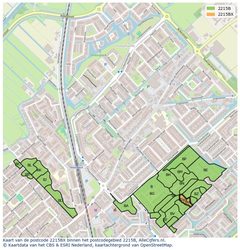 Afbeelding van het postcodegebied 2215 BX op de kaart.