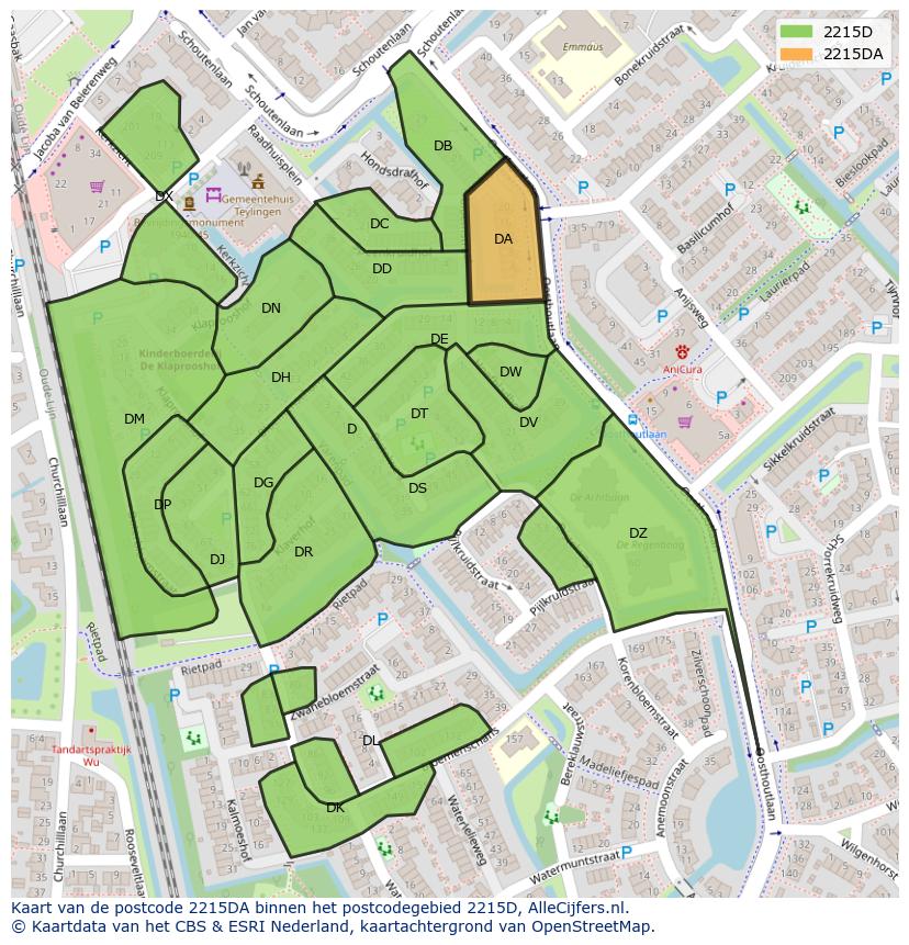 Afbeelding van het postcodegebied 2215 DA op de kaart.