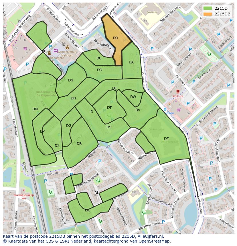 Afbeelding van het postcodegebied 2215 DB op de kaart.