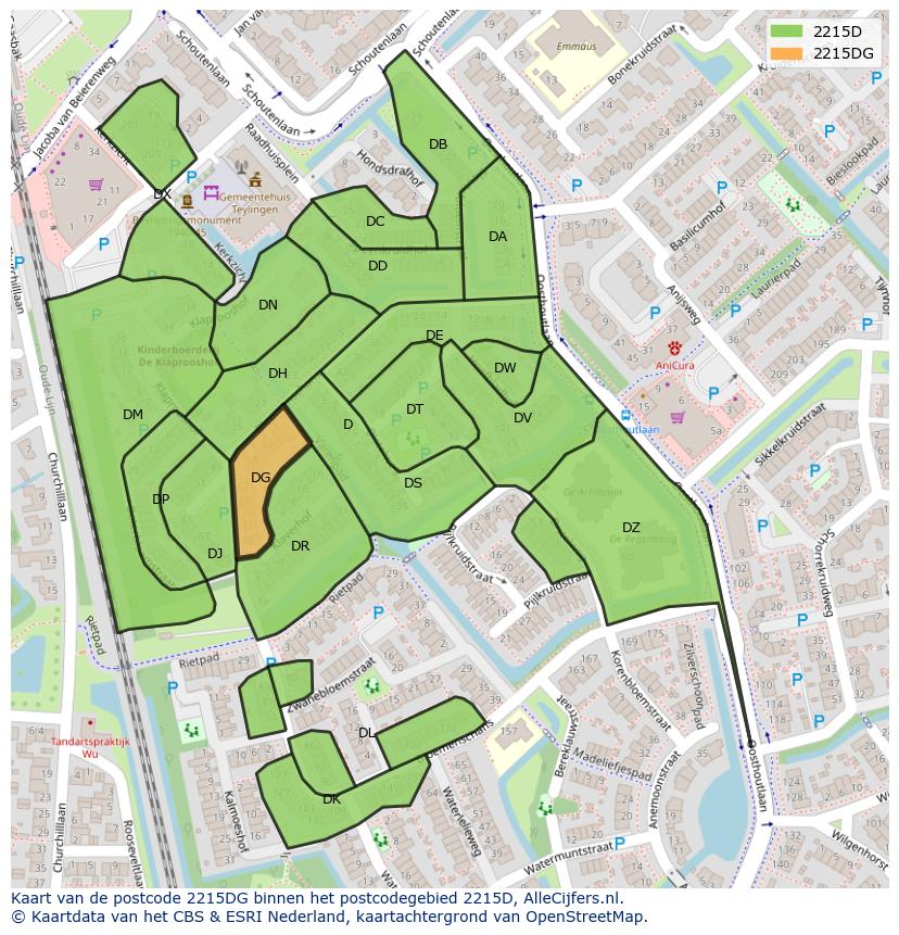 Afbeelding van het postcodegebied 2215 DG op de kaart.