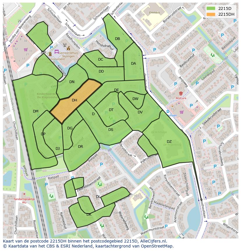 Afbeelding van het postcodegebied 2215 DH op de kaart.