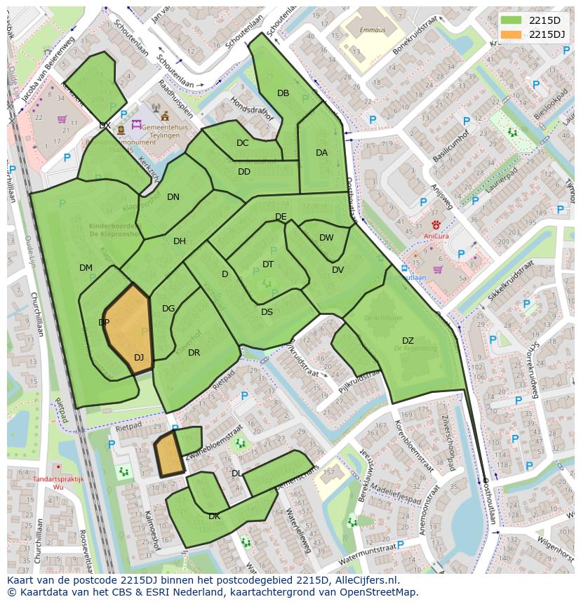 Afbeelding van het postcodegebied 2215 DJ op de kaart.