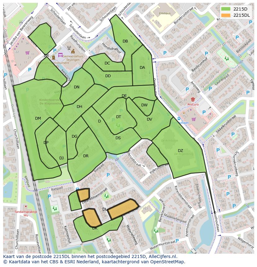Afbeelding van het postcodegebied 2215 DL op de kaart.