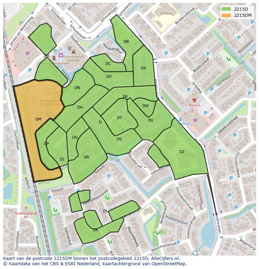 Afbeelding van het postcodegebied 2215 DM op de kaart.