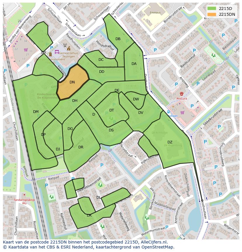 Afbeelding van het postcodegebied 2215 DN op de kaart.