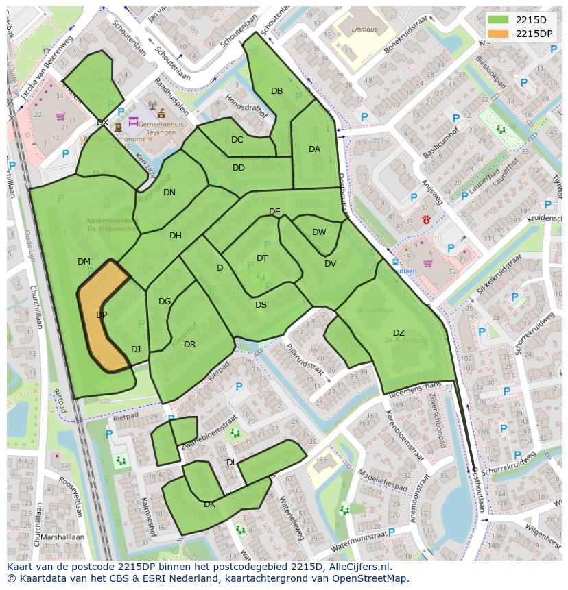 Afbeelding van het postcodegebied 2215 DP op de kaart.
