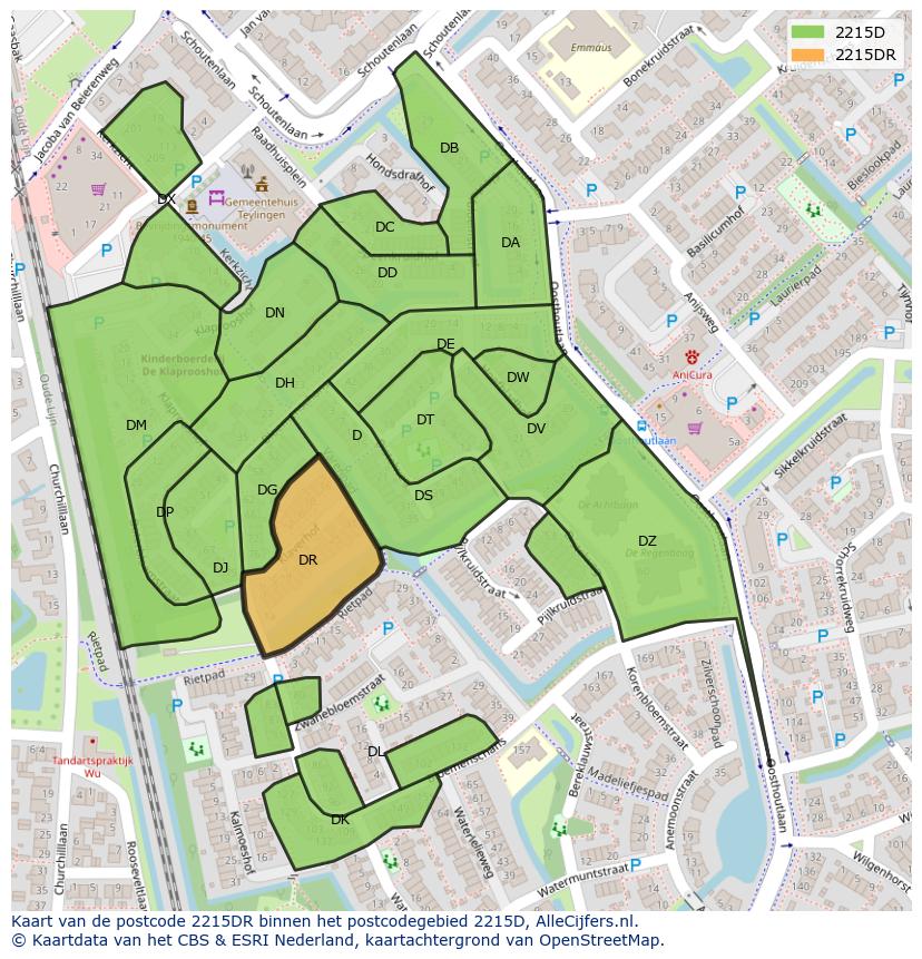 Afbeelding van het postcodegebied 2215 DR op de kaart.