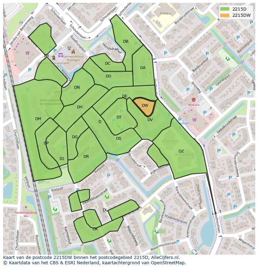 Afbeelding van het postcodegebied 2215 DW op de kaart.