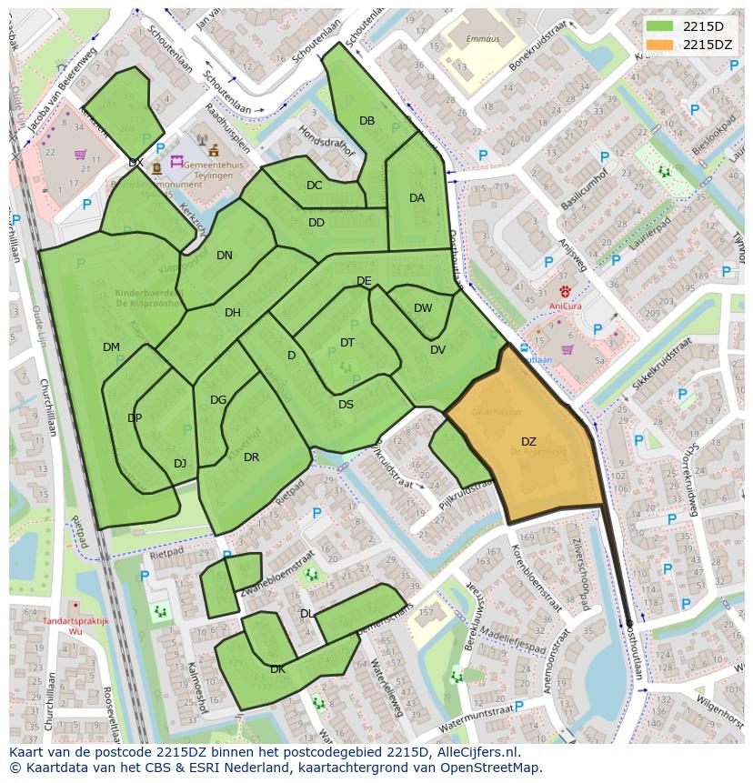 Afbeelding van het postcodegebied 2215 DZ op de kaart.