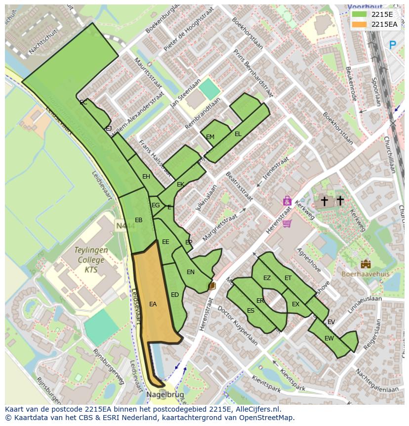 Afbeelding van het postcodegebied 2215 EA op de kaart.