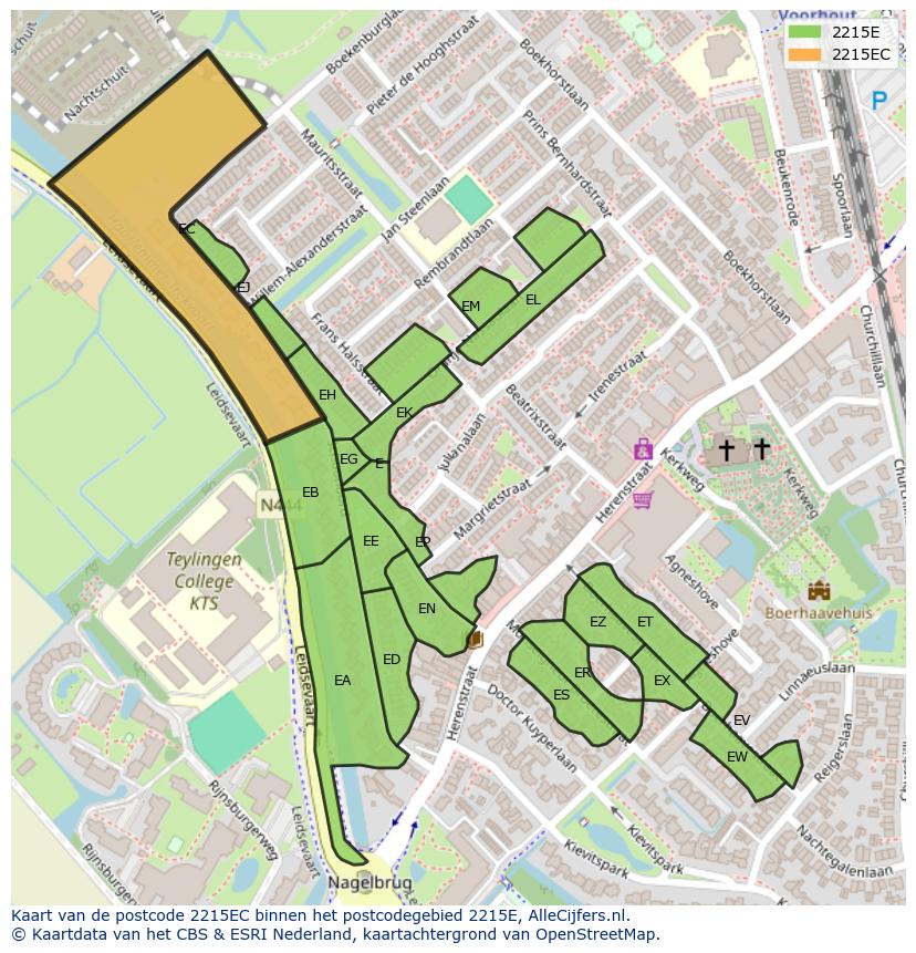 Afbeelding van het postcodegebied 2215 EC op de kaart.