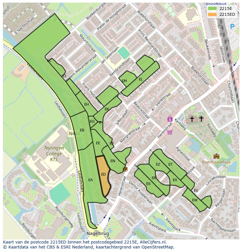 Afbeelding van het postcodegebied 2215 ED op de kaart.