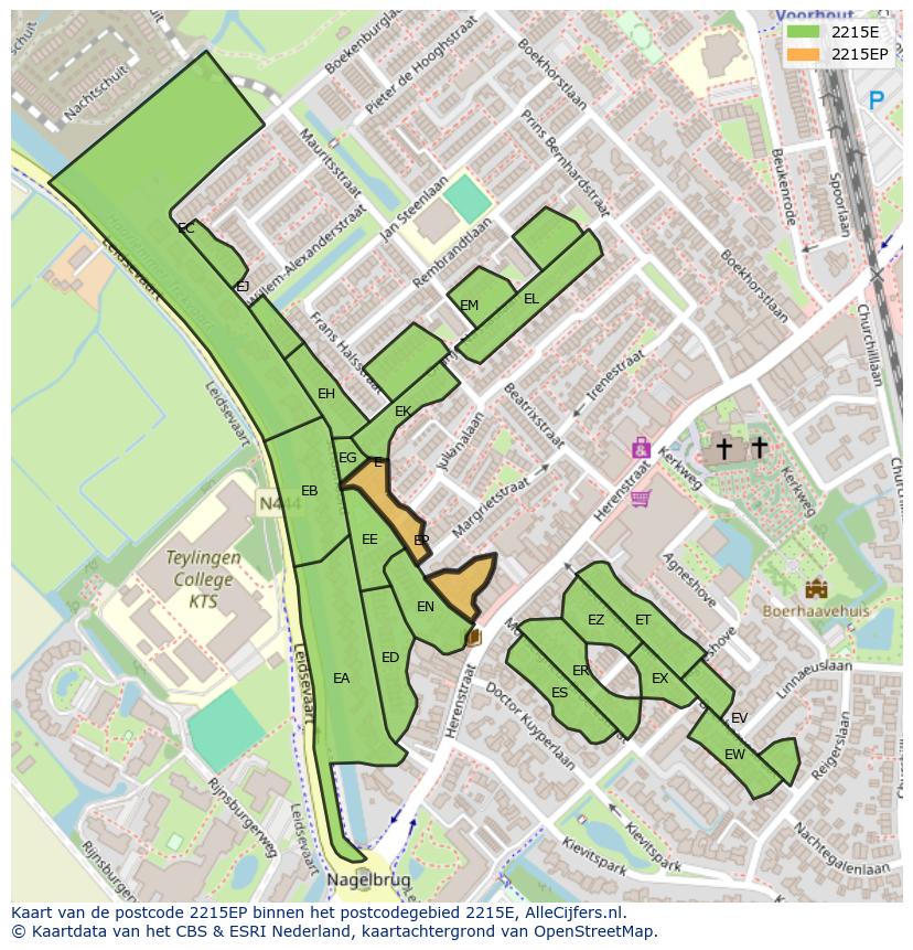 Afbeelding van het postcodegebied 2215 EP op de kaart.