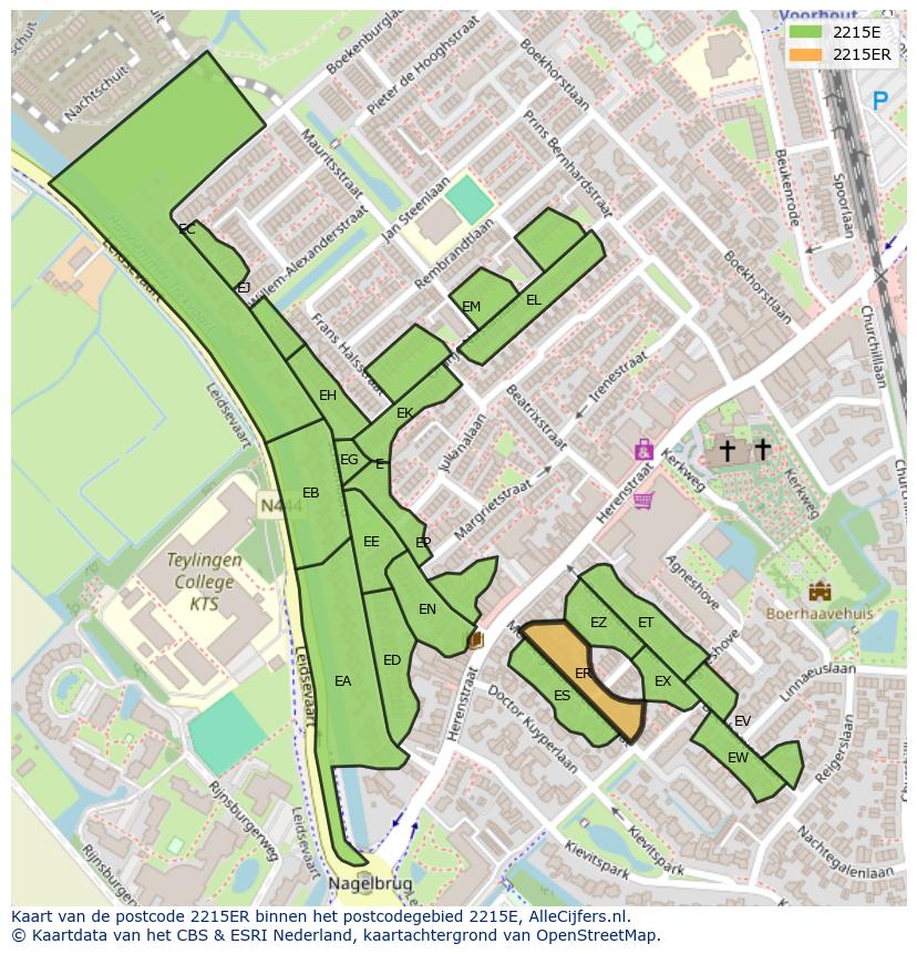Afbeelding van het postcodegebied 2215 ER op de kaart.