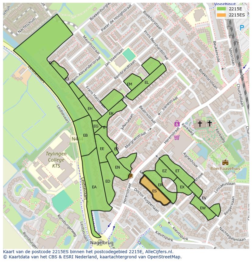 Afbeelding van het postcodegebied 2215 ES op de kaart.