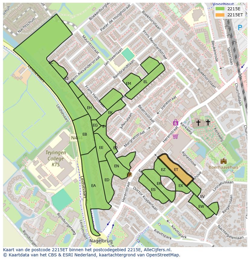 Afbeelding van het postcodegebied 2215 ET op de kaart.