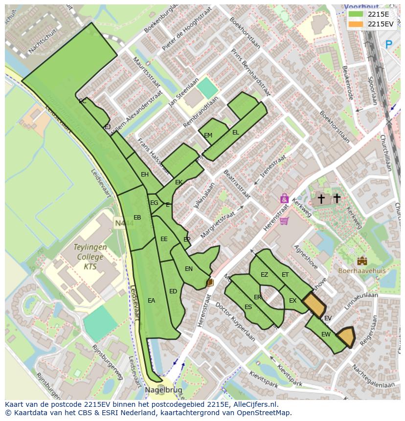 Afbeelding van het postcodegebied 2215 EV op de kaart.