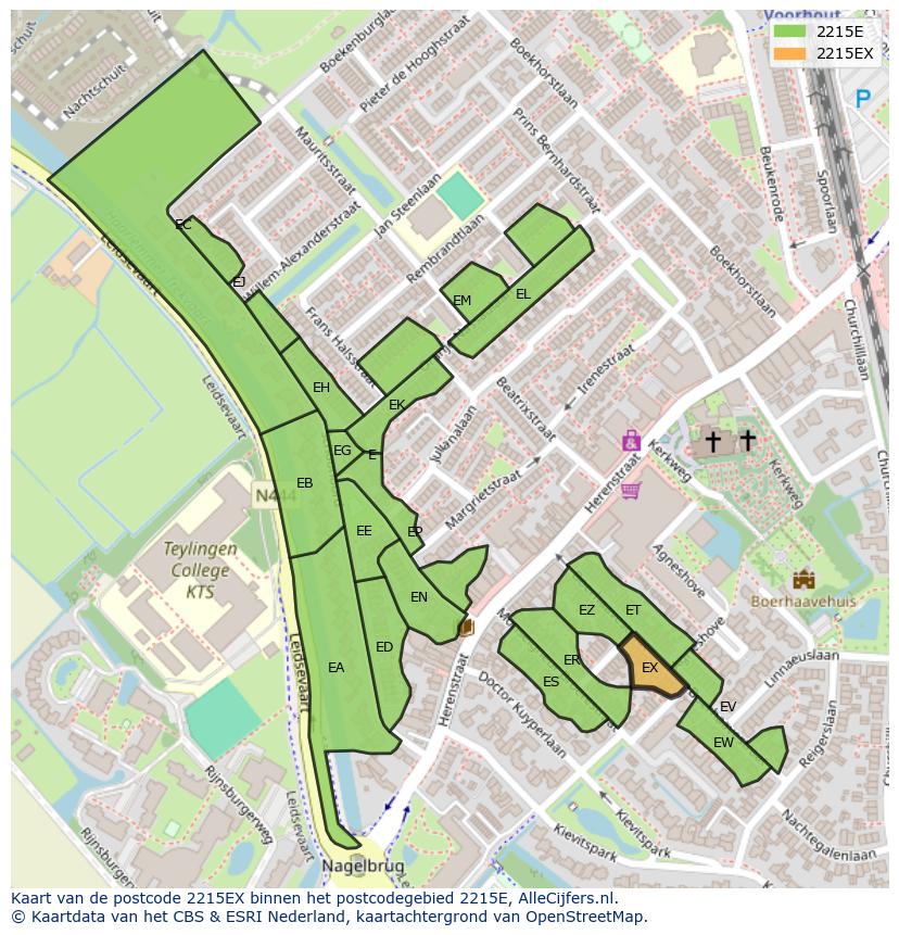 Afbeelding van het postcodegebied 2215 EX op de kaart.