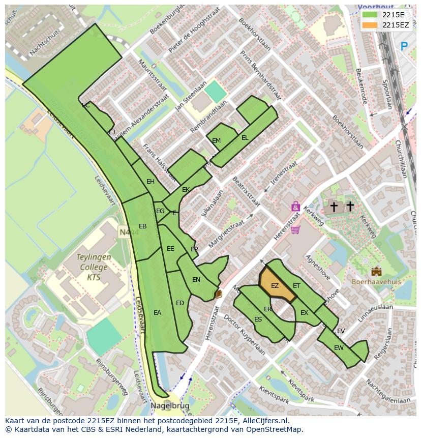 Afbeelding van het postcodegebied 2215 EZ op de kaart.