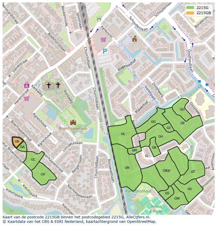 Afbeelding van het postcodegebied 2215 GB op de kaart.