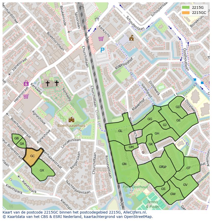 Afbeelding van het postcodegebied 2215 GC op de kaart.