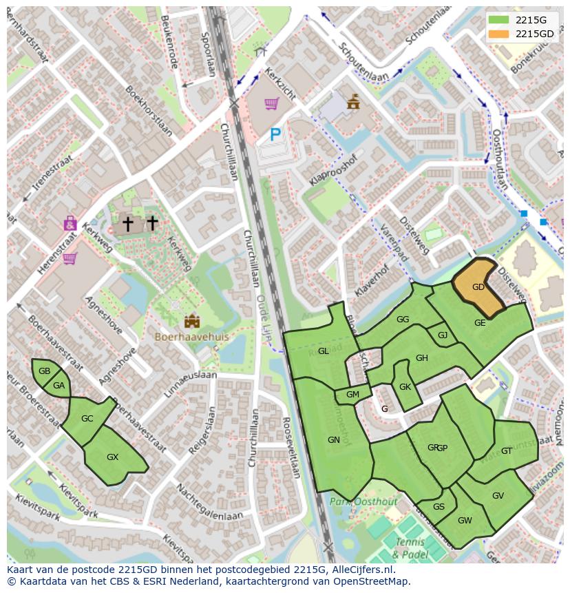 Afbeelding van het postcodegebied 2215 GD op de kaart.
