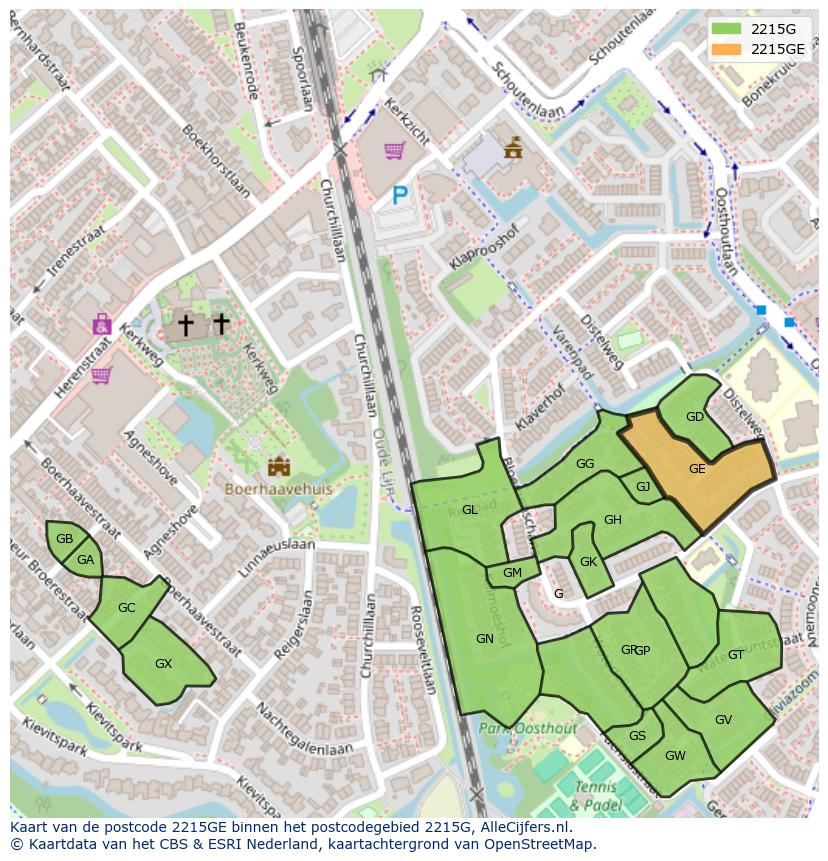 Afbeelding van het postcodegebied 2215 GE op de kaart.