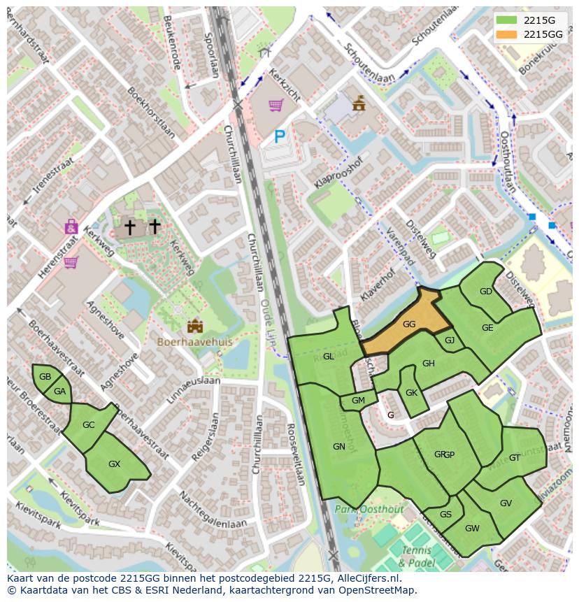 Afbeelding van het postcodegebied 2215 GG op de kaart.