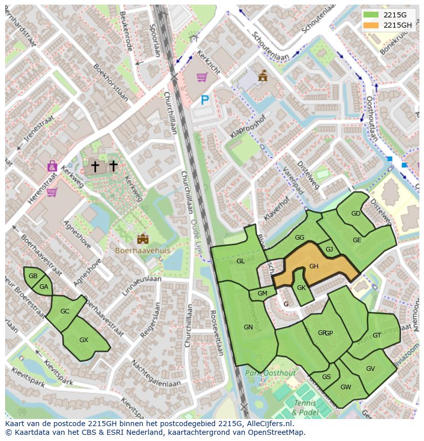 Afbeelding van het postcodegebied 2215 GH op de kaart.