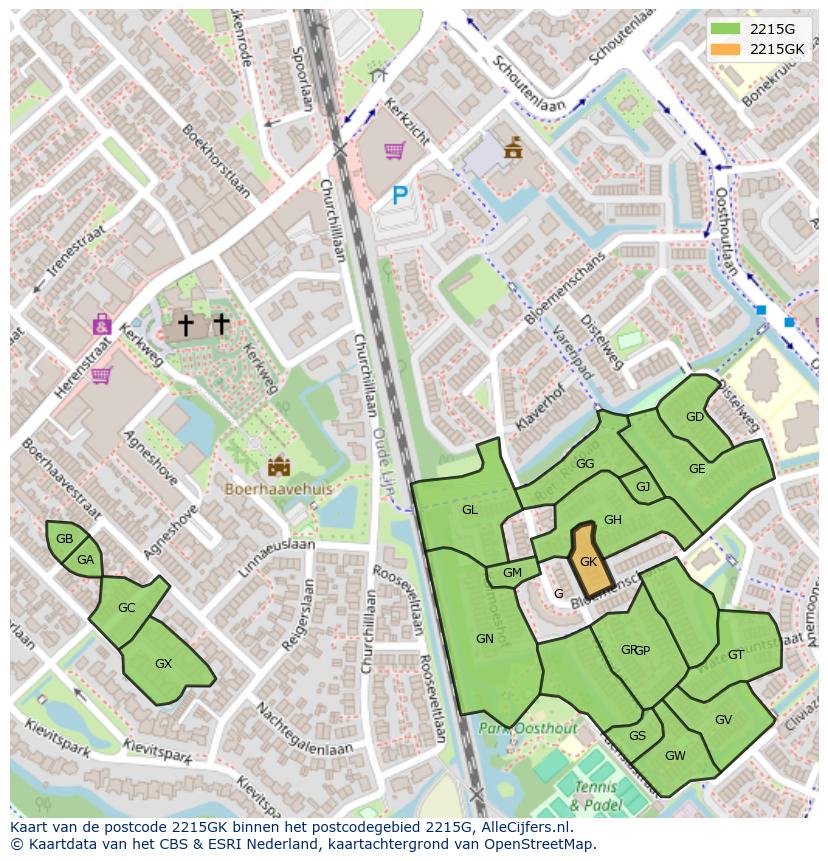 Afbeelding van het postcodegebied 2215 GK op de kaart.