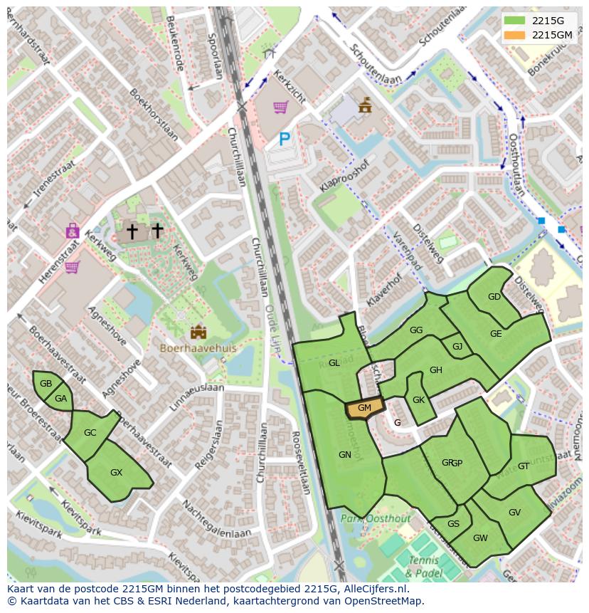 Afbeelding van het postcodegebied 2215 GM op de kaart.