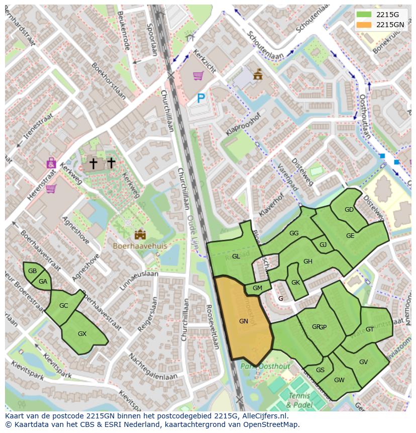 Afbeelding van het postcodegebied 2215 GN op de kaart.