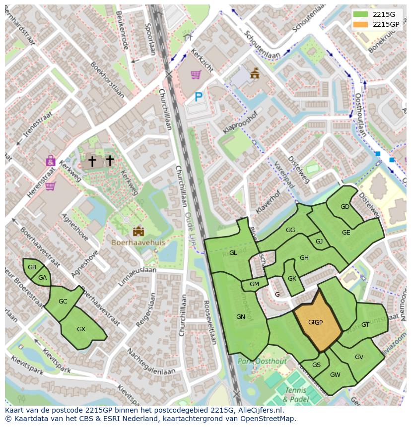 Afbeelding van het postcodegebied 2215 GP op de kaart.