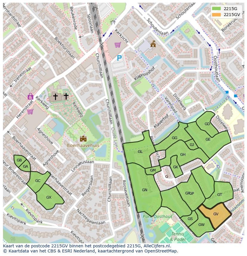 Afbeelding van het postcodegebied 2215 GV op de kaart.
