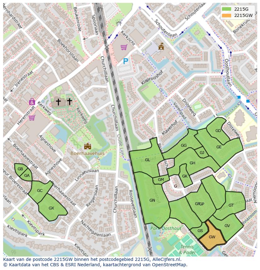 Afbeelding van het postcodegebied 2215 GW op de kaart.