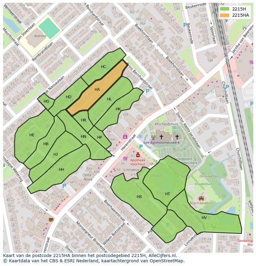 Afbeelding van het postcodegebied 2215 HA op de kaart.