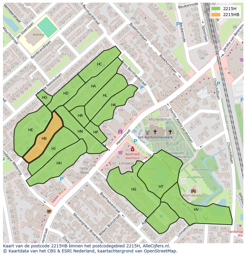 Afbeelding van het postcodegebied 2215 HB op de kaart.