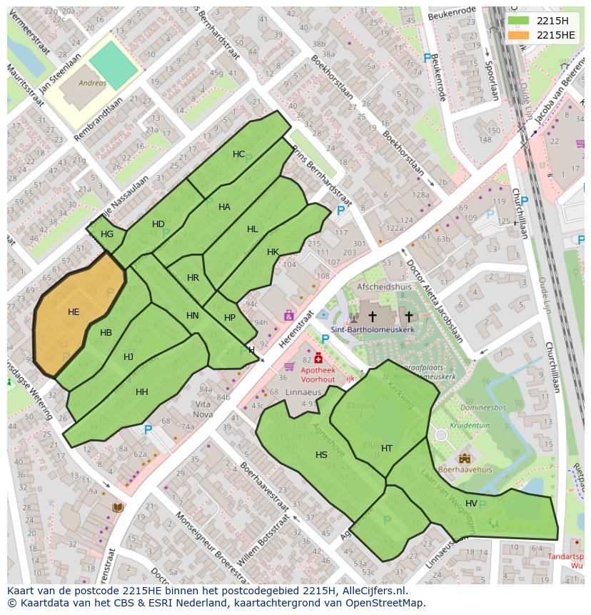 Afbeelding van het postcodegebied 2215 HE op de kaart.