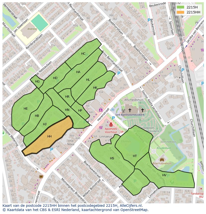 Afbeelding van het postcodegebied 2215 HH op de kaart.