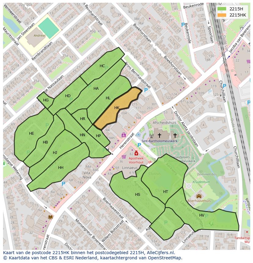 Afbeelding van het postcodegebied 2215 HK op de kaart.